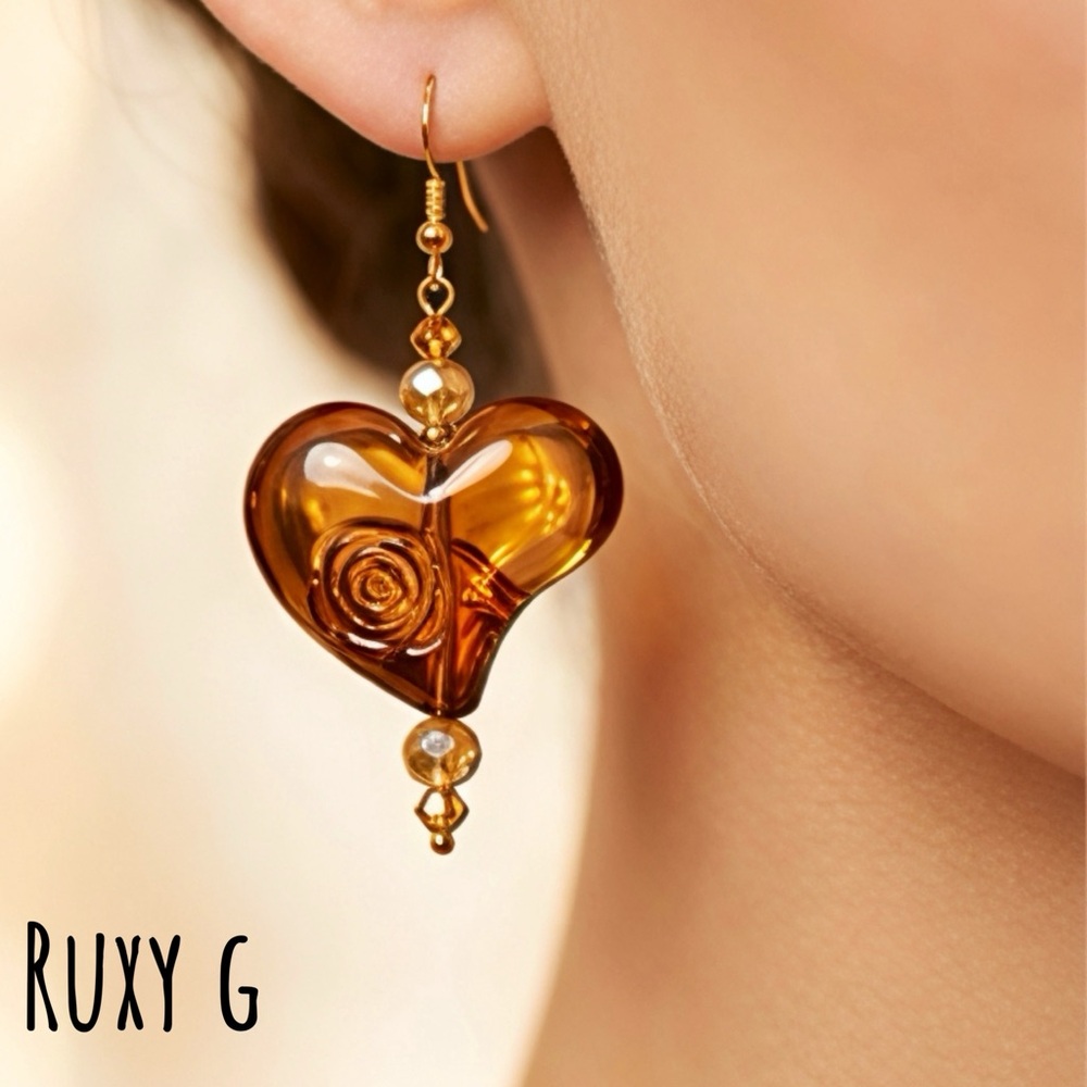 Amber Acrylic &  Swarovski Heart Earrings